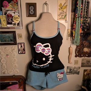 Y2K Sanrio Hello Kitty Tank Top Shorts Pajama Set Women's Medium Black Blue